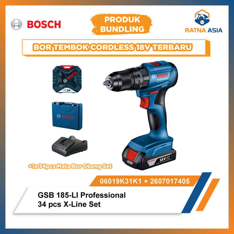 Bor Tembok 13mm GSB 185-LI Impact Drill & Set Mata Bor Obeng 34 pcs